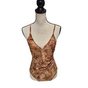 Unique Vtg Women's Size 12 One Piece Swimsuit Faux Wrap Ruched Brown Gold USA